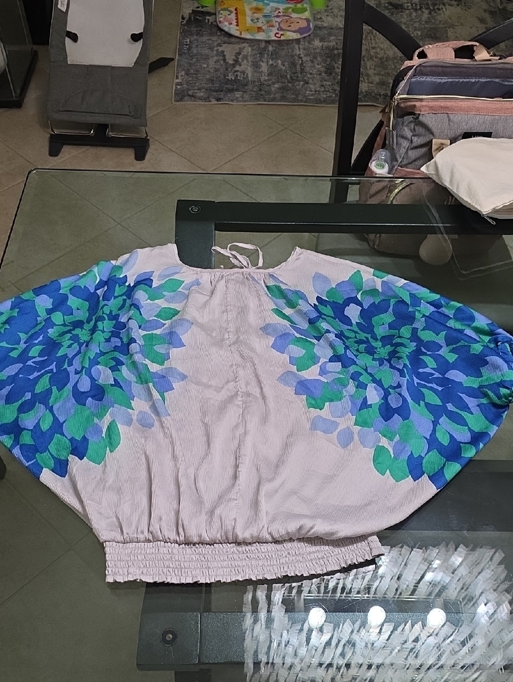 New York & Company Cream Tunic with Blue & Green Floral Sleeves